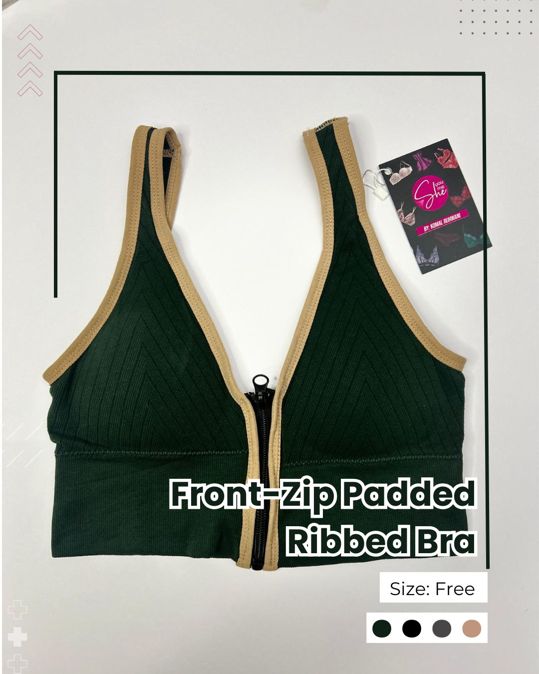 Front-Zip Padded Ribbed Bra
